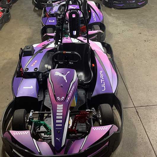 Lila PUMA Go-Karts: Fuel Your Fast. Motorsport-Erlebnis. Rennwagen mit Stil.