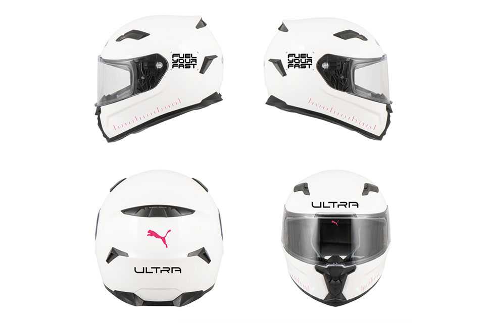 PUMA FUEL YOUR FAST: Weißer Ultra Helm mit Visier, Logo und Schriftzug.